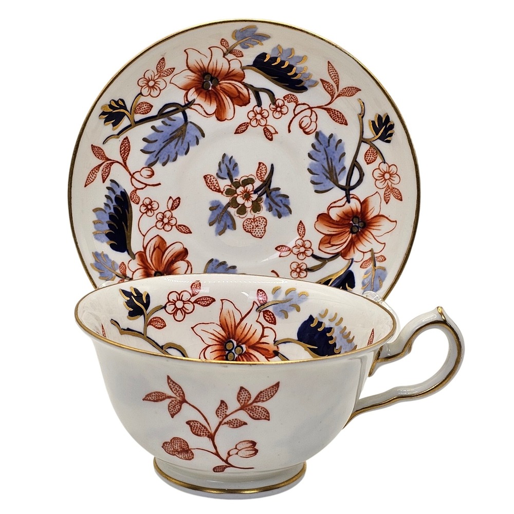 Vintage Royal Crown Derby Teacup & Saucer Set Imari Floral Pattern Gold Trim